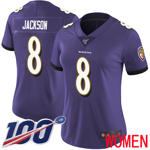 Baltimore Ravens Limited Purple Women Lamar Jackson Home Jersey NFL Football #8 100th Season Vapor Untouchable